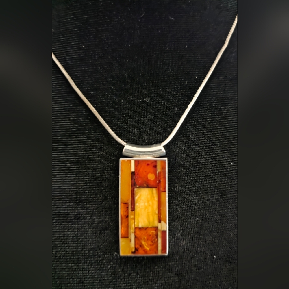 Vtg Beautiful Baltic Amber Mosaic Pendant Set In 925 Sterling JZ Gdansk Poland